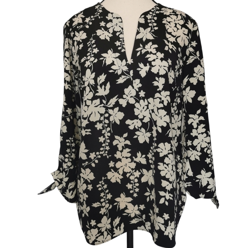 MICHAEL Michael Kors Black and Cream Floral Split-Neck Blouse